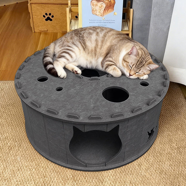 Contemporary Creative Felt Round Cat Bed With Tunnel Design For Living Room &amp; Bedroom