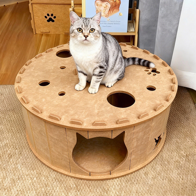 Contemporary Creative Felt Round Cat Bed With Tunnel Design For Living Room &amp; Bedroom