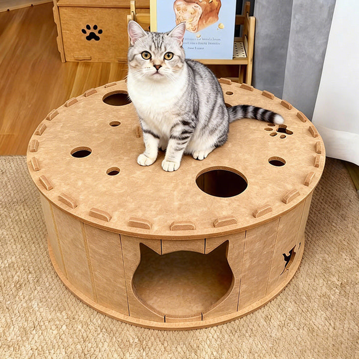 Contemporary Creative Felt Round Cat Bed With Tunnel Design For Living Room &amp; Bedroom