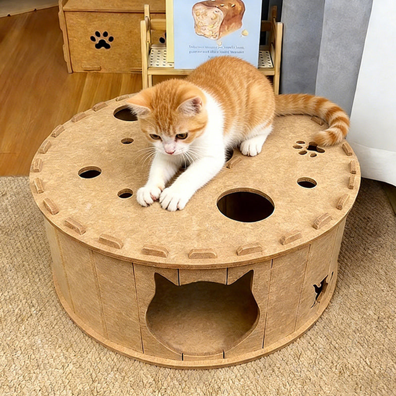 Contemporary Creative Felt Round Cat Bed With Tunnel Design For Living Room &amp; Bedroom