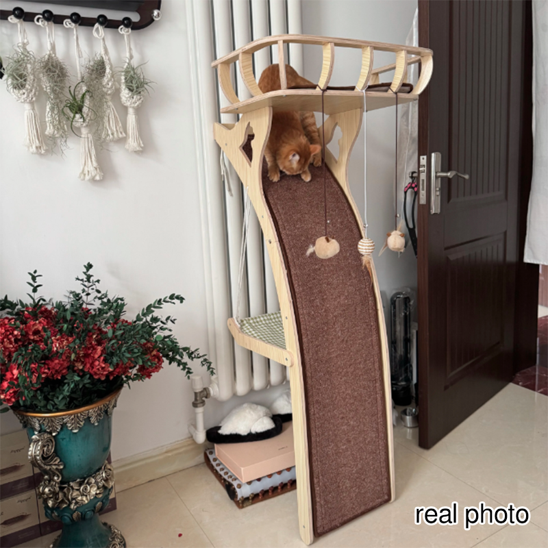Modern Minimalist Plywood MDF Cotton-linen Rectangular Arc-Shaped Cat Tree &amp; Condos 1-Hammock 1-Perch 1-Scratching Board For Living Room