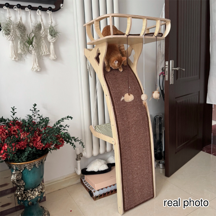 Modern Minimalist Plywood MDF Cotton-linen Rectangular Arc-Shaped Cat Tree &amp; Condos 1-Hammock 1-Perch 1-Scratching Board For Living Room