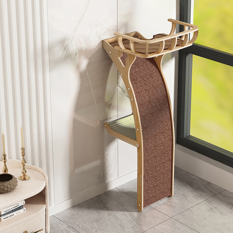 Modern Minimalist Plywood MDF Cotton-linen Rectangular Arc-Shaped Cat Tree &amp; Condos 1-Hammock 1-Perch 1-Scratching Board For Living Room