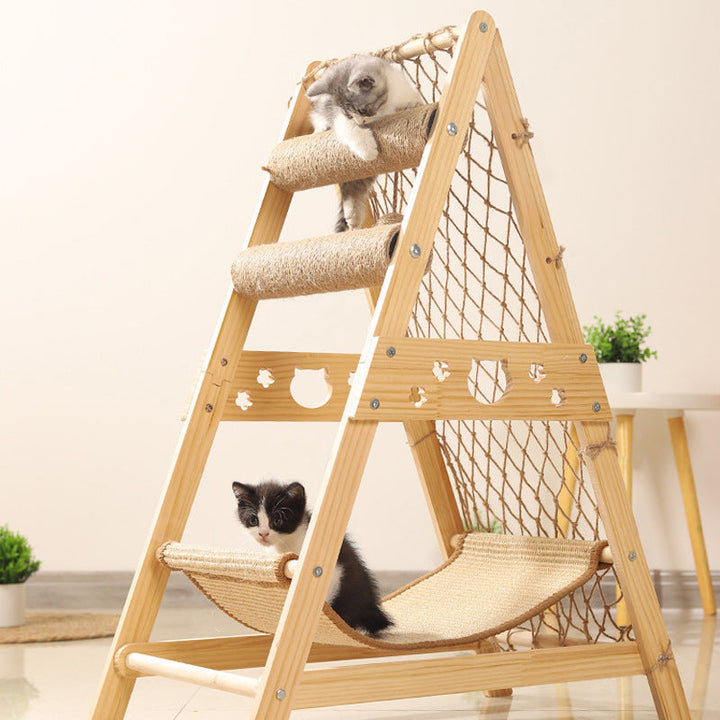 Modern Minimalist MDF Cotton-linen Jute Triangular Cat Tree &amp; Condos 1-Hammock 2-Scratching Post For Living Room