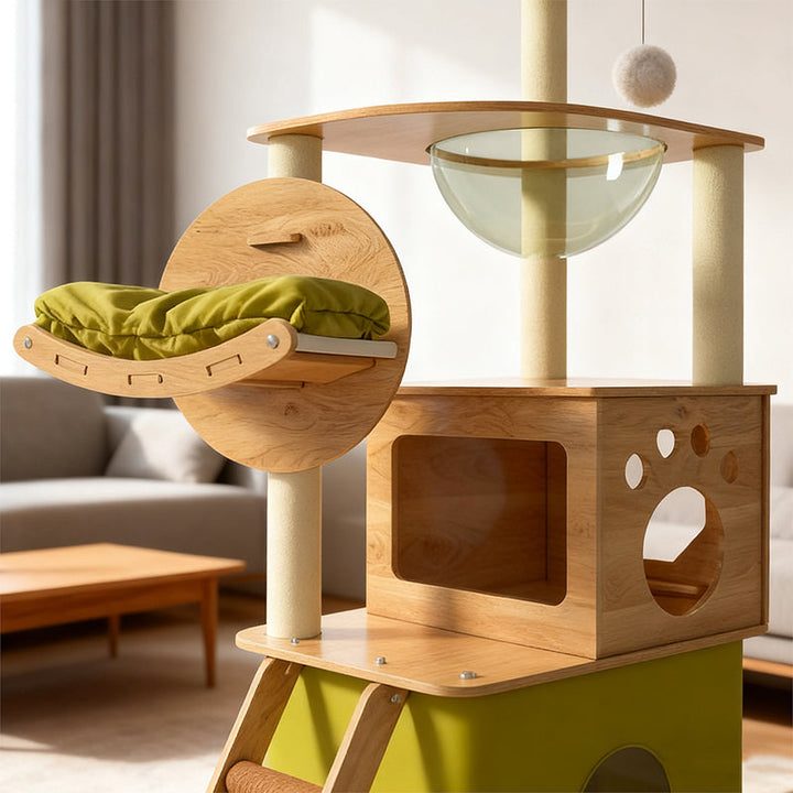 Modern Minimalist MDF Oxford Fabric Polyester Velvet PET Rectangular Cat Tree &amp; Condos 5-Condo 3-Perch 1-Ladder 3-Scratching Post For Living Room