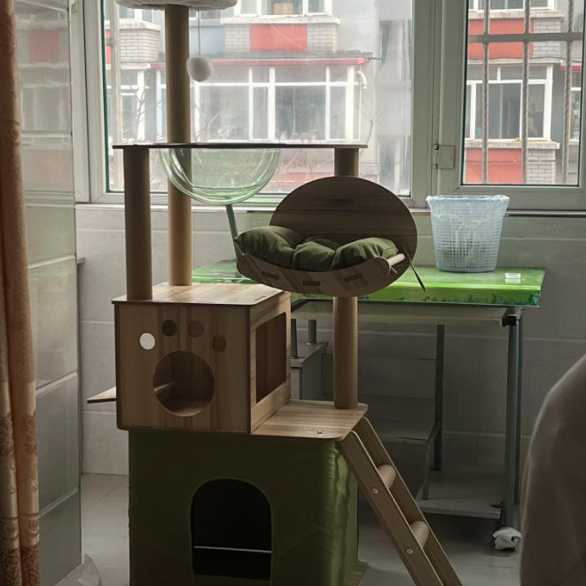 Modern Minimalist MDF Oxford Fabric Polyester Velvet PET Rectangular Cat Tree &amp; Condos 5-Condo 3-Perch 1-Ladder 3-Scratching Post For Living Room