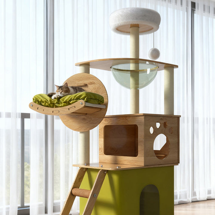 Modern Minimalist MDF Oxford Fabric Polyester Velvet PET Rectangular Cat Tree &amp; Condos 5-Condo 3-Perch 1-Ladder 3-Scratching Post For Living Room