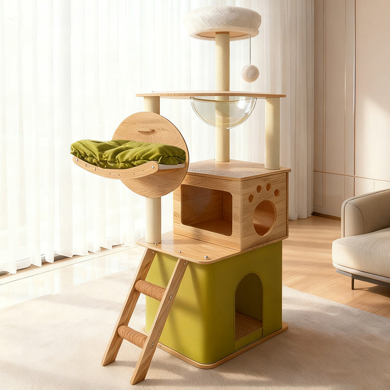 Modern Minimalist MDF Oxford Fabric Polyester Velvet PET Rectangular Cat Tree &amp; Condos 5-Condo 3-Perch 1-Ladder 3-Scratching Post For Living Room