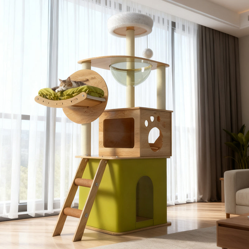 Modern Minimalist MDF Oxford Fabric Polyester Velvet PET Rectangular Cat Tree &amp; Condos 5-Condo 3-Perch 1-Ladder 3-Scratching Post For Living Room