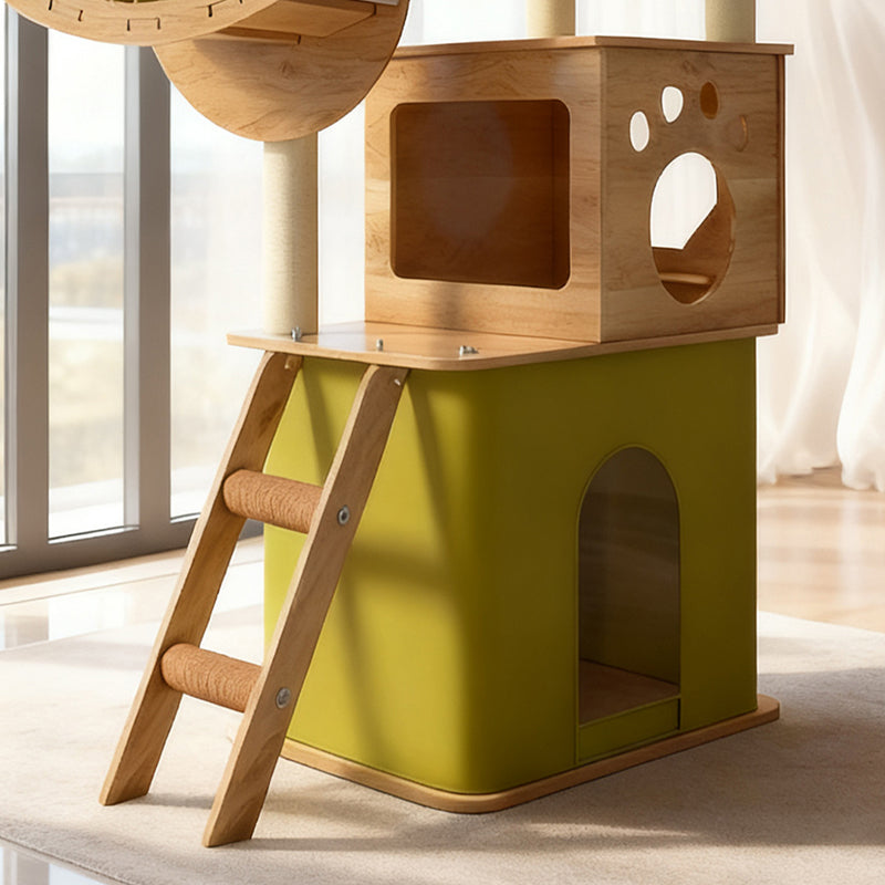 Modern Minimalist MDF Oxford Fabric Polyester Velvet PET Rectangular Cat Tree &amp; Condos 5-Condo 3-Perch 1-Ladder 3-Scratching Post For Living Room