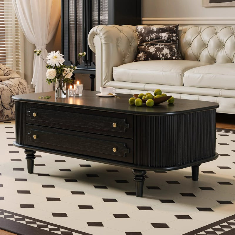 Traditional French Rectangular Ash Wood Solid Wood Multi-Layer Plywood Coffee Table 2-Drawer For Living Room