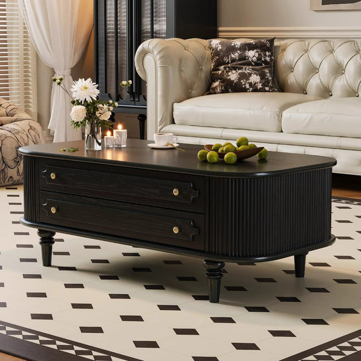Traditional French Rectangular Ash Wood Solid Wood Multi-Layer Plywood Coffee Table 2-Drawer For Living Room