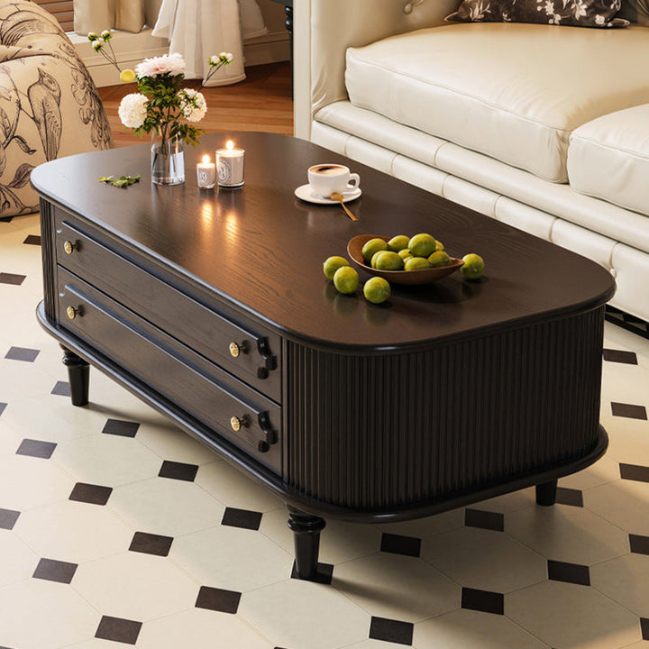 Traditional French Rectangular Ash Wood Solid Wood Multi-Layer Plywood Coffee Table 2-Drawer For Living Room
