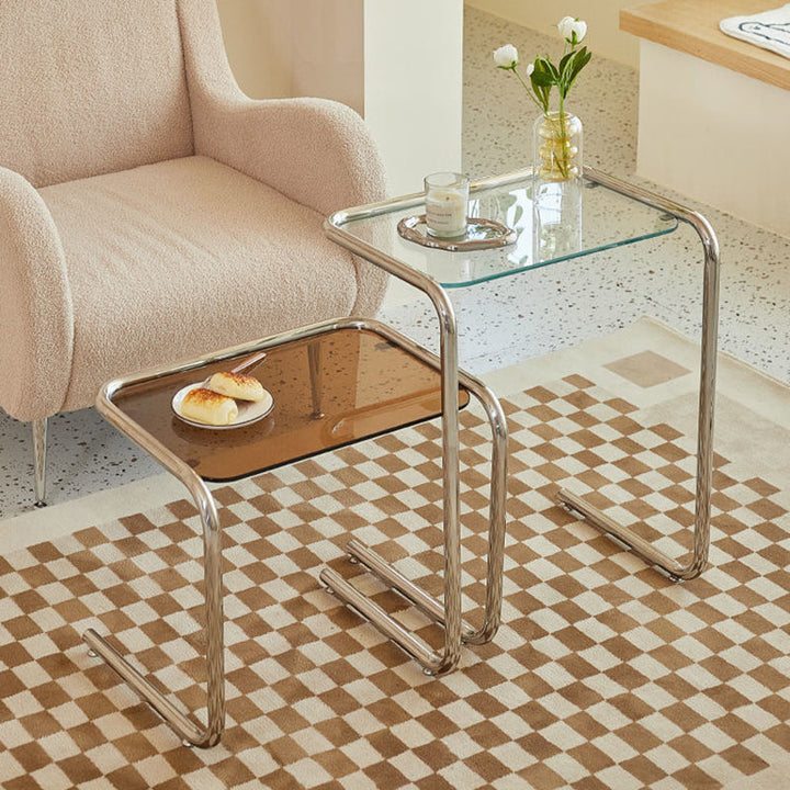 Modern Minimalist Rectangular Tempered Glass Iron Side Table 1-Tier For Living Room