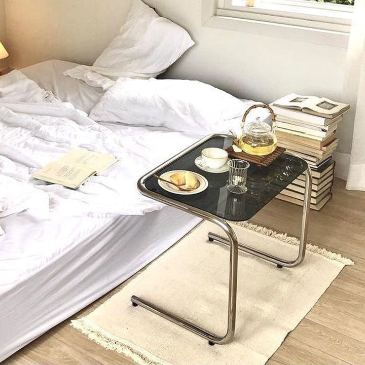 Modern Minimalist Rectangular Tempered Glass Iron Side Table 1-Tier For Living Room