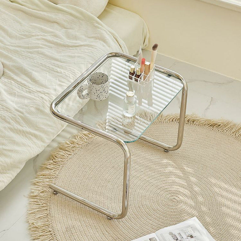 Modern Minimalist Rectangular Tempered Glass Iron Side Table 1-Tier For Living Room