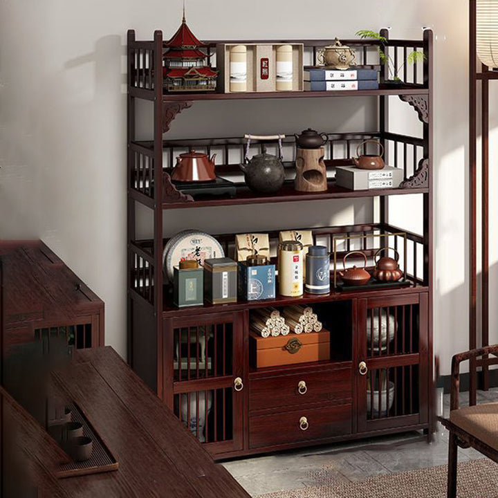 Traditional Chinese Rectangular Bamboo Medium Density Fiberboard Storage Cabinet 4/5-Tier For Living Room