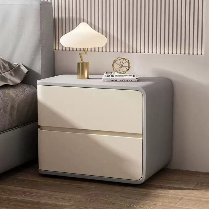 Modern Minimalist Rectangular Pine Solid Wood Microfiber Leather Carbon Steel Nightstand 2-Drawer For Bedroom