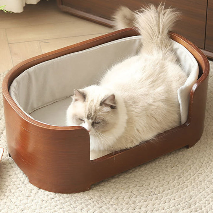 Modern Minimalist Rectangular Cotton-Linen Solid Wood Integrated Dog Bed &amp; Cat Bed For Bedroom