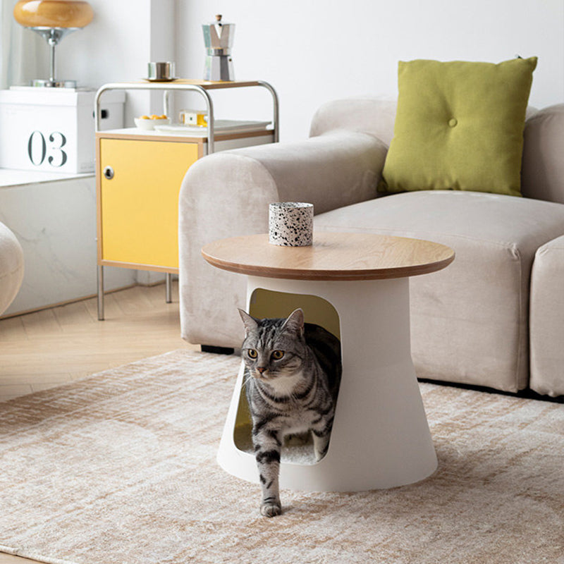 Contemporary Creative Cylindrical Solid White Oak PP Cat Bed Coffee Table 2-Tier For Living Room