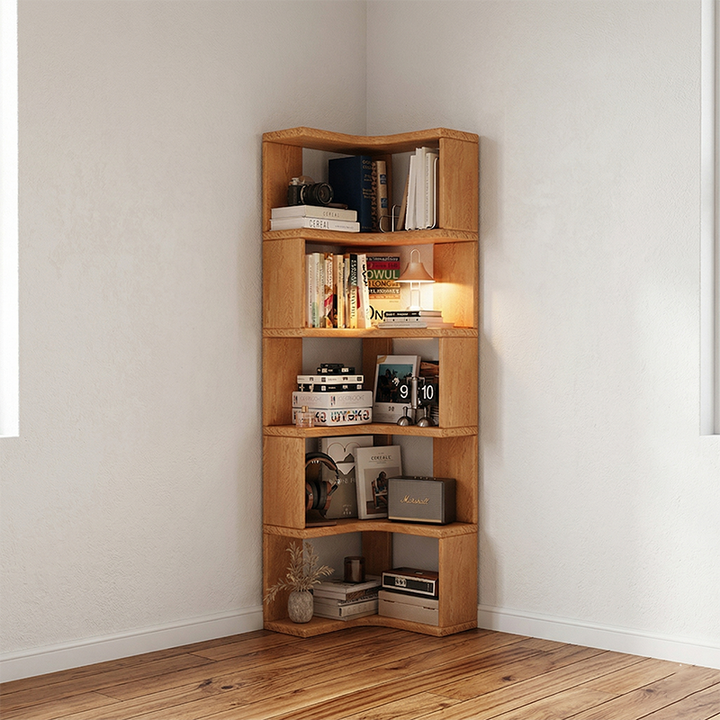 Modern Minimalist Rectangular Rubberwood Eco-Friendly Board Bookshelf Corner Shelf Unit 5/6 Tiers For Home &amp; Office