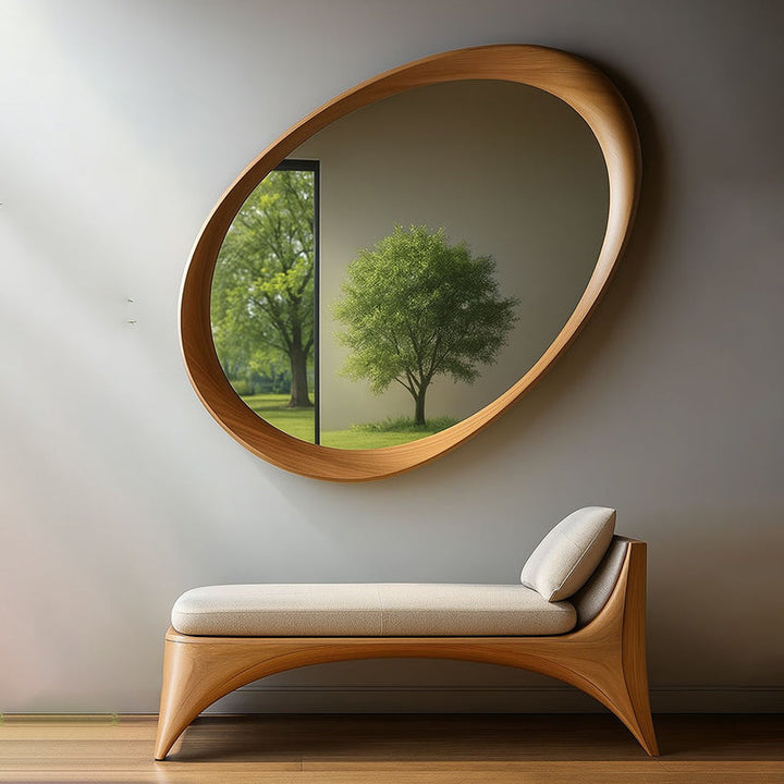 Traditional Vintage Oval Rubberwood Solid Wood Tempered Glass Wall Mirror For Bedroom