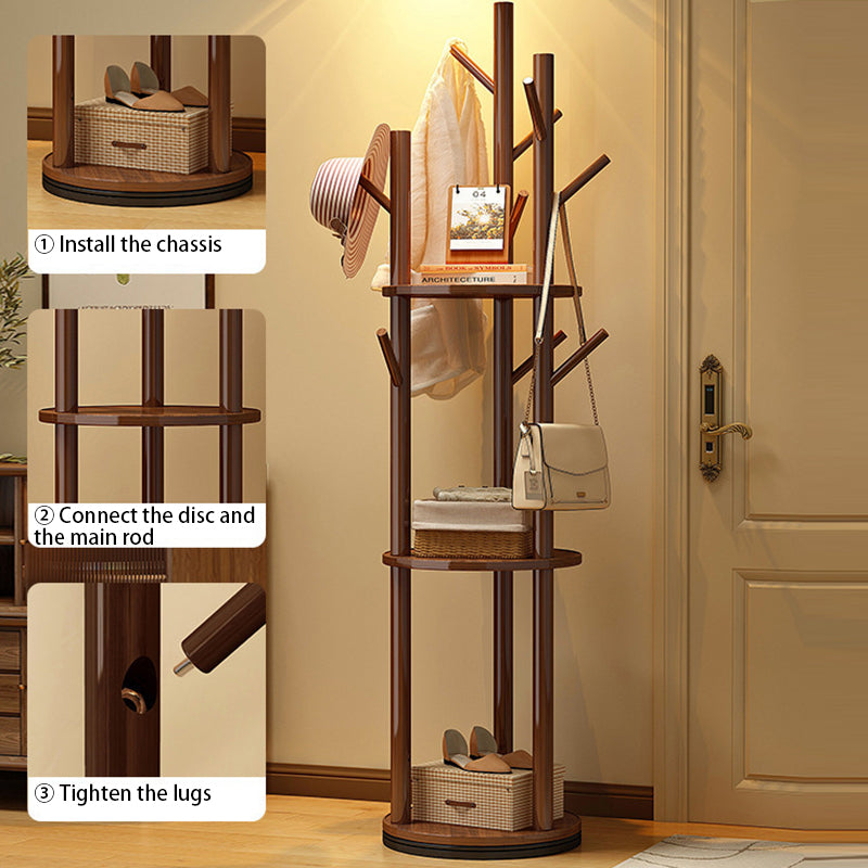 Contemporary Scandinavian Round Tree-Shaped Solid Pine Wood Medium-Density Fiberboard Swivel Hall Tree For Bedroom &amp; Entryways