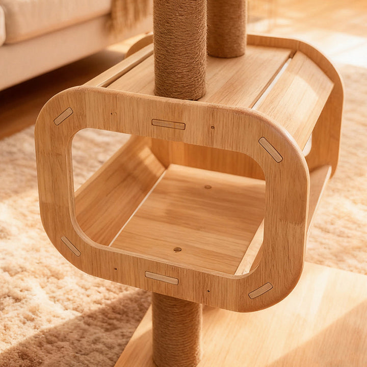 Contemporary Scandinavian Square Multi-Layer Solid Wood Panel Acrylic Fabric Multi-Functional Cat Tree For Living Room