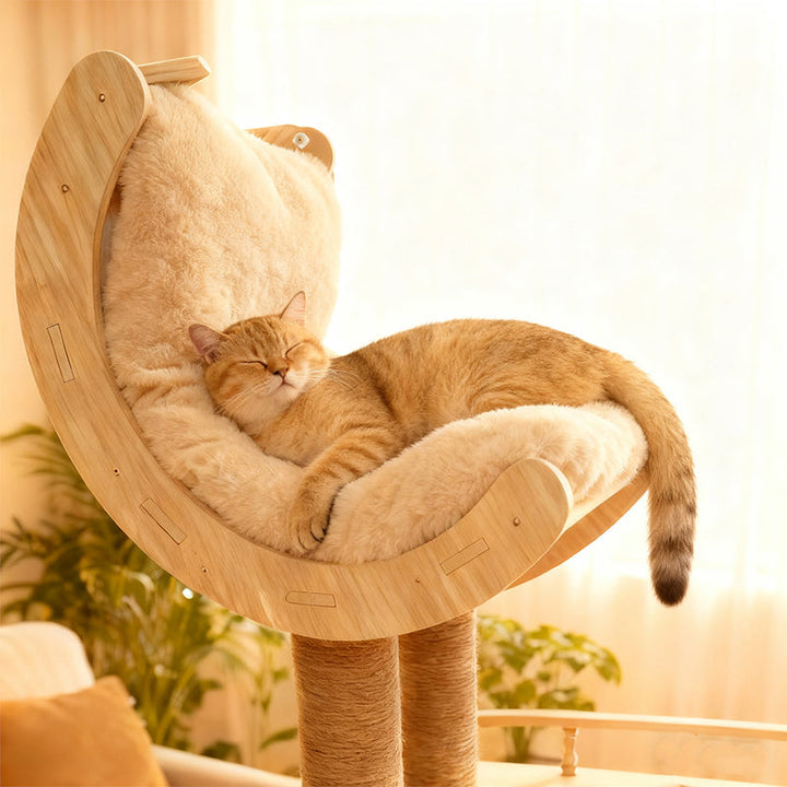 Contemporary Scandinavian Square Multi-Layer Solid Wood Panel Acrylic Fabric Multi-Functional Cat Tree For Living Room