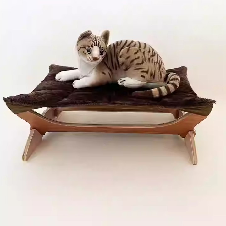 Contemporary Scandinavian Rectangular Multi-Layer Solid Wood Panel Cotton Fabric Cat Bed For Bedroom &amp; Living Room