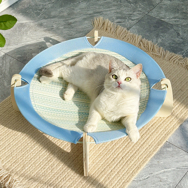 Contemporary Boho Round Plywood Asian Grass Mat Cat Bed For Bedroom