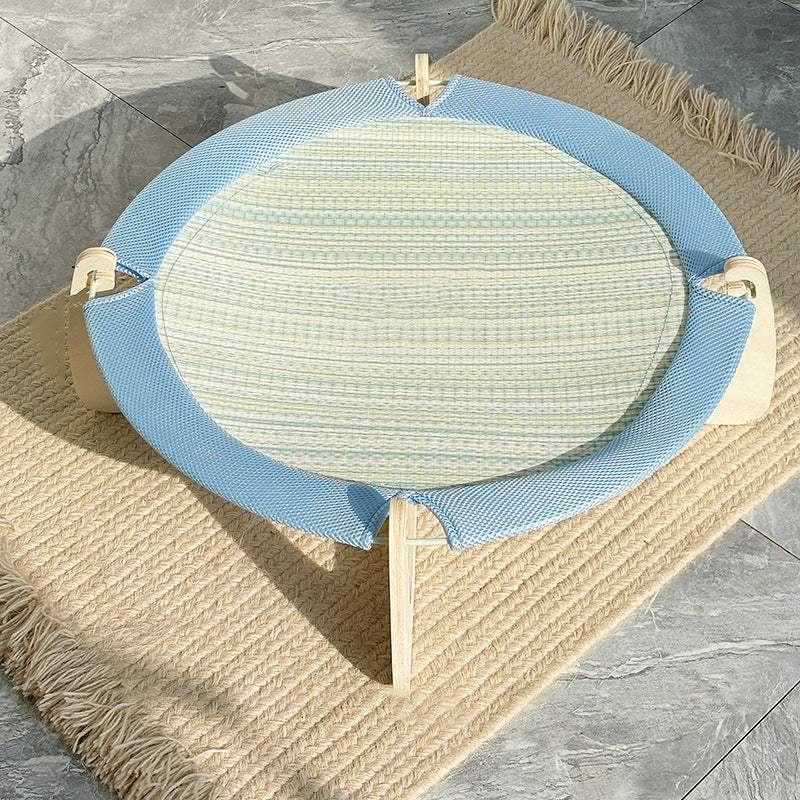 Contemporary Boho Round Plywood Asian Grass Mat Cat Bed For Bedroom