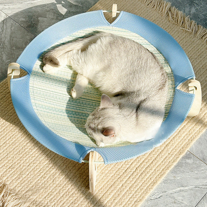 Contemporary Boho Round Plywood Asian Grass Mat Cat Bed For Bedroom