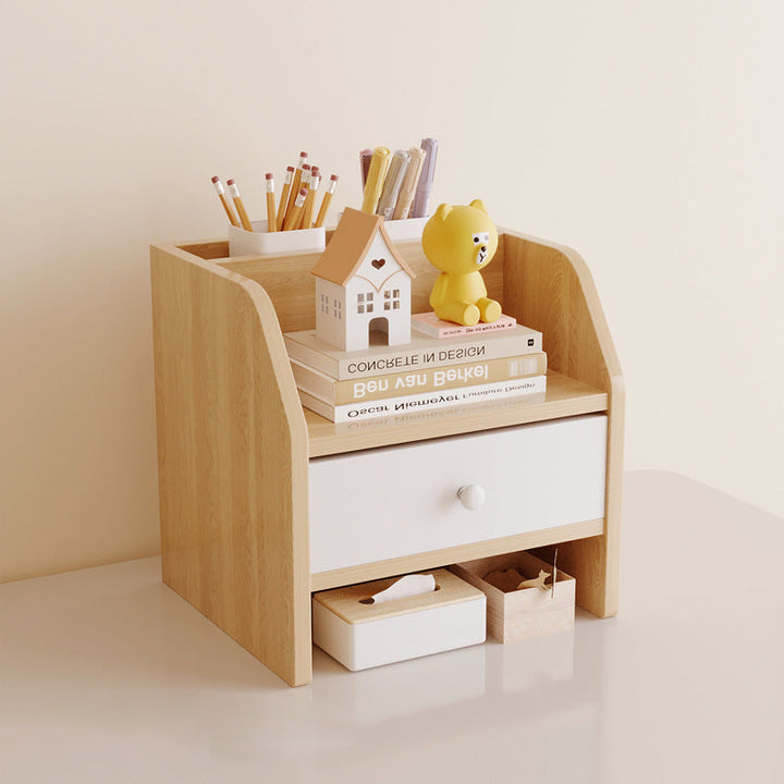 Contemporary Scandinavian Rectangular Medium-Density Fiberboard Desktop Storage Shelf 2/3-Tier 1-Drawer For Office &amp; Bedroom