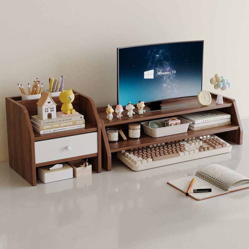 Contemporary Scandinavian Rectangular Medium-Density Fiberboard Desktop Storage Shelf 2/3-Tier 1-Drawer For Office &amp; Bedroom