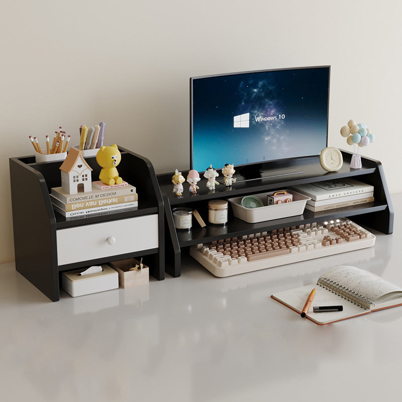 Contemporary Scandinavian Rectangular Medium-Density Fiberboard Desktop Storage Shelf 2/3-Tier 1-Drawer For Office &amp; Bedroom