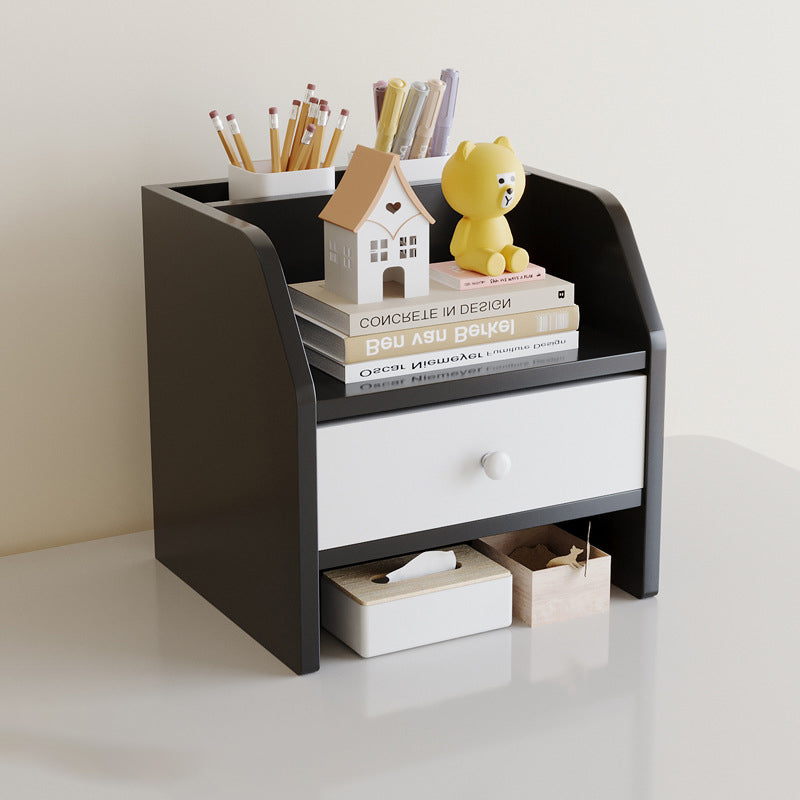 Contemporary Scandinavian Rectangular Medium-Density Fiberboard Desktop Storage Shelf 2/3-Tier 1-Drawer For Office &amp; Bedroom