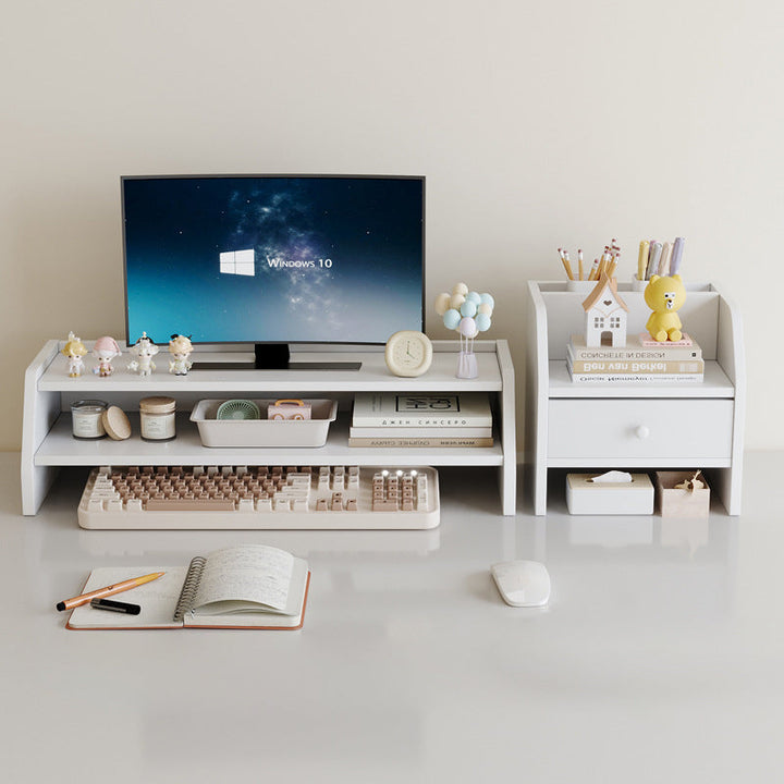 Contemporary Scandinavian Rectangular Medium-Density Fiberboard Desktop Storage Shelf 2/3-Tier 1-Drawer For Office &amp; Bedroom