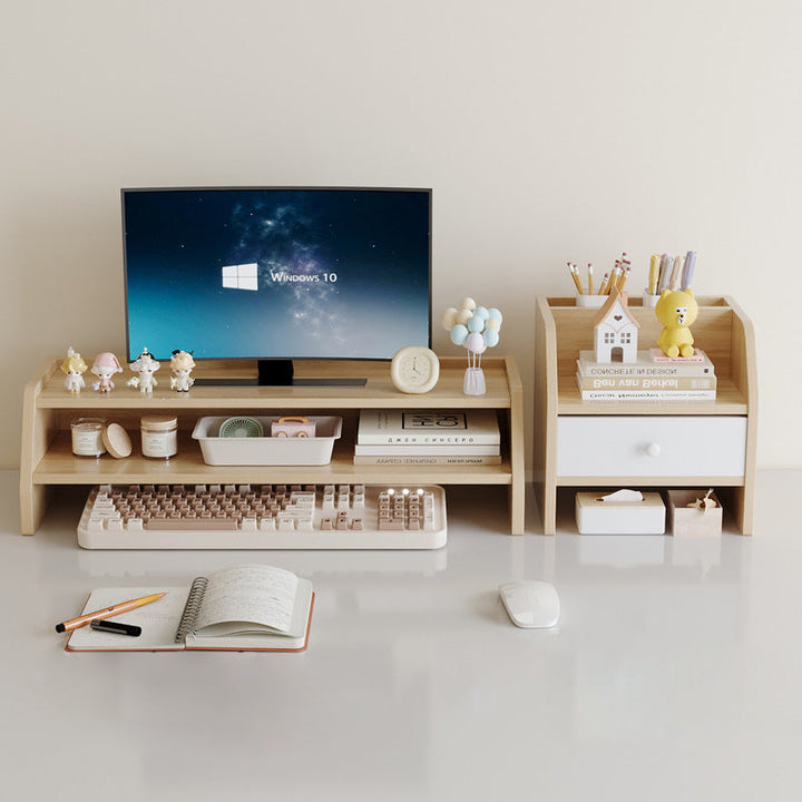 Contemporary Scandinavian Rectangular Medium-Density Fiberboard Desktop Storage Shelf 2/3-Tier 1-Drawer For Office &amp; Bedroom