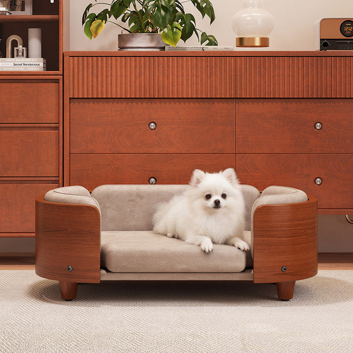 Traditional Vintage Oval Rubberwood Multi-Layer Solid Wood Panel Velvet Fabric Cat Bed For Bedroom