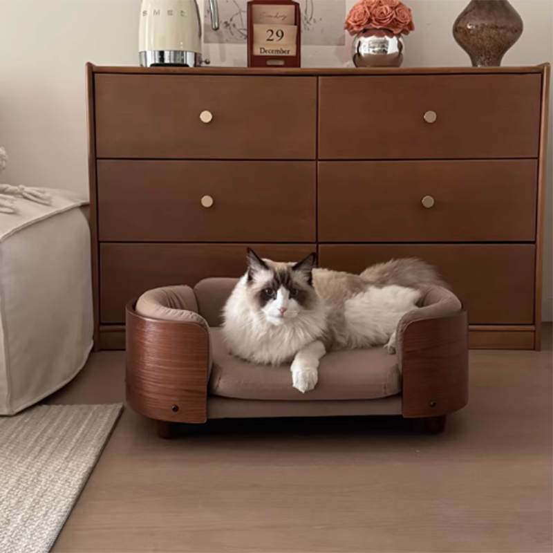 Traditional Vintage Oval Rubberwood Multi-Layer Solid Wood Panel Velvet Fabric Cat Bed For Bedroom