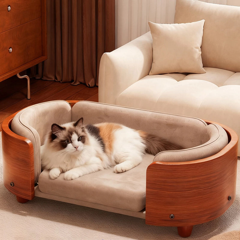 Traditional Vintage Oval Rubberwood Multi-Layer Solid Wood Panel Velvet Fabric Cat Bed For Bedroom