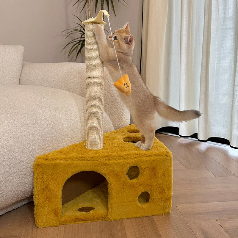 Contemporary Creative Triangle Particleboard Velvet Fabric Sisal Cheese Cat Tree Cat Bed For Bedroom