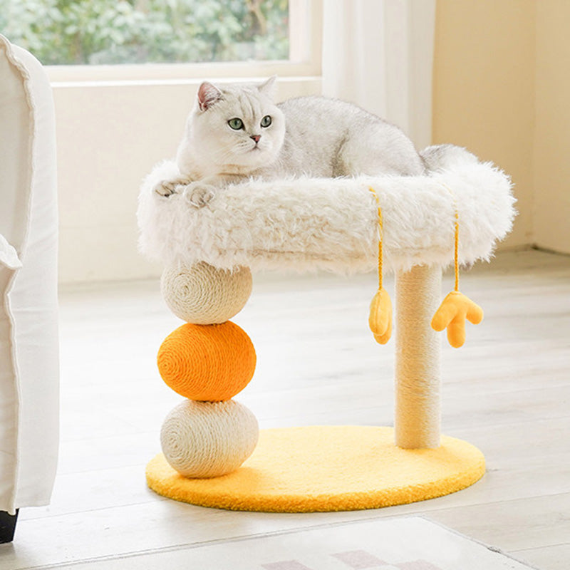 Contemporary Creative Round Particleboard Velvet Fabric Hemp Rope Cat Tree 2-Tier For Living Room
