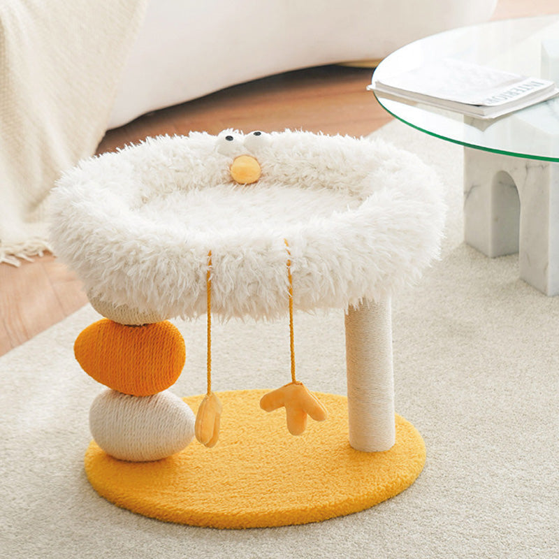 Contemporary Creative Round Particleboard Velvet Fabric Hemp Rope Cat Tree 2-Tier For Living Room
