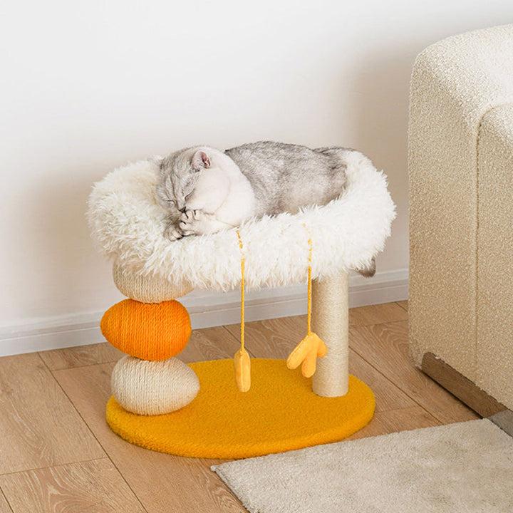 Contemporary Creative Round Particleboard Velvet Fabric Hemp Rope Cat Tree 2-Tier For Living Room