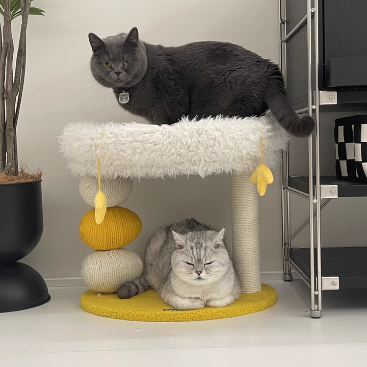 Contemporary Creative Round Particleboard Velvet Fabric Hemp Rope Cat Tree 2-Tier For Living Room