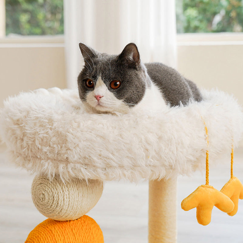 Contemporary Creative Round Particleboard Velvet Fabric Hemp Rope Cat Tree 2-Tier For Living Room