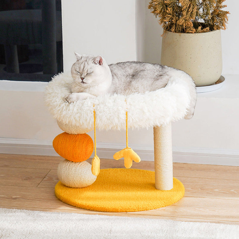 Contemporary Creative Round Particleboard Velvet Fabric Hemp Rope Cat Tree 2-Tier For Living Room
