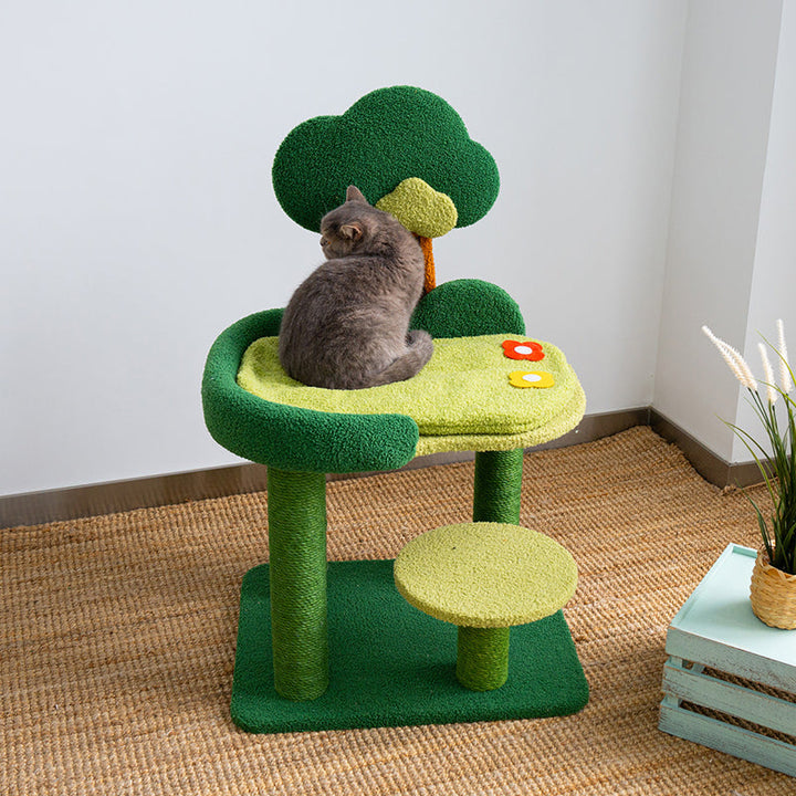 Contemporary Creative Rectangular Particleboard Sisal Velvet Fabric Cardboard Tree-Design Cat Tree 1/3-Tier For Living Room